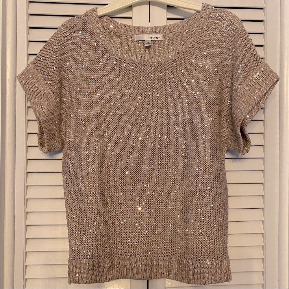 Metallic Sequined Short Sleeve Sweater Light Rose Gold